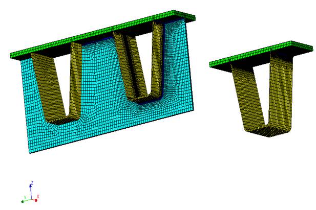 Delen rekenmodel met bulbprofielen met volume-elementen in DIANA – globale model met schaalelementen niet getoond, afb.: TNO.